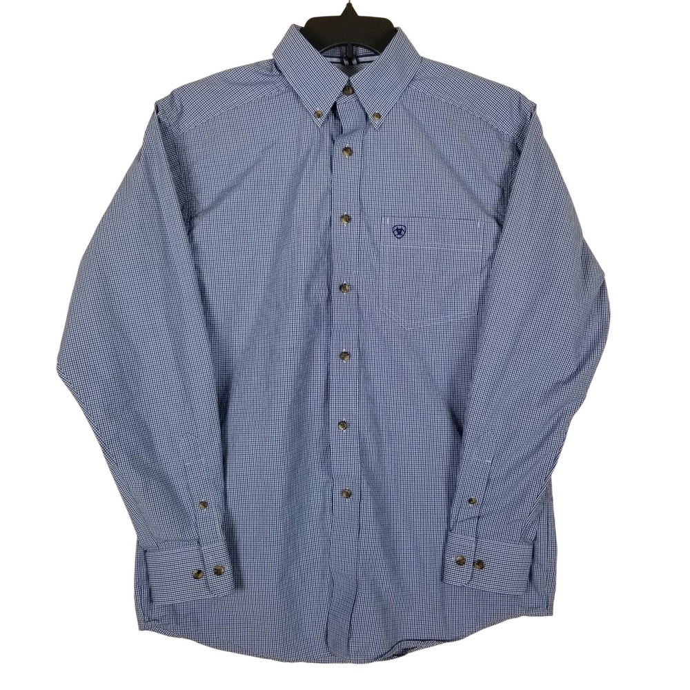 Ariat Pro Series Button Down Mens Medium Blue Gingham Western Work Shirt